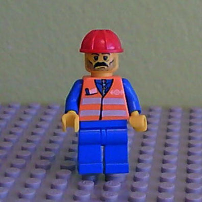 LEGO Minifigure-Orange Vest with Safety Stripes - Blue Legs, Moustache, Red Construction Helmet-Train-TRN001-Creative Brick Builders